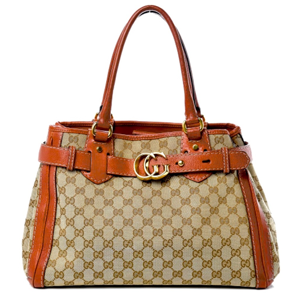 Gucci Authentic Tan Leather/Brown Canvas Medium Running Bag